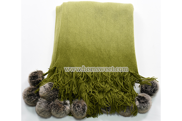 Elegant Tie Dyed Knitted Throw  With Faux Fur Pom Pom