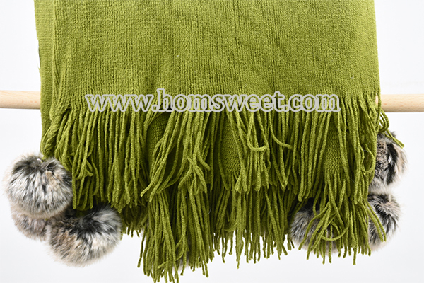 Elegant Tie Dyed Knitted Throw  With Faux Fur Pom Pom