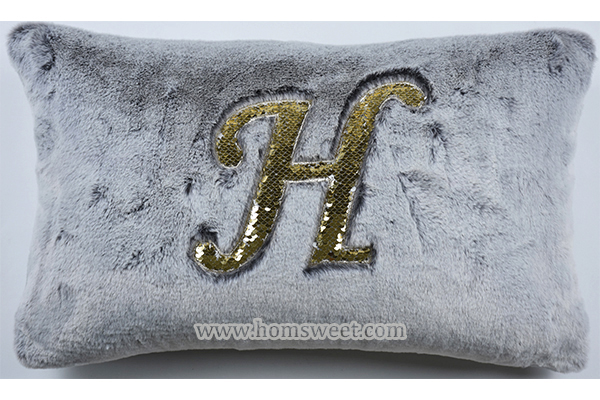 H Embroidery Botton printing  Faux Fur Pillow  